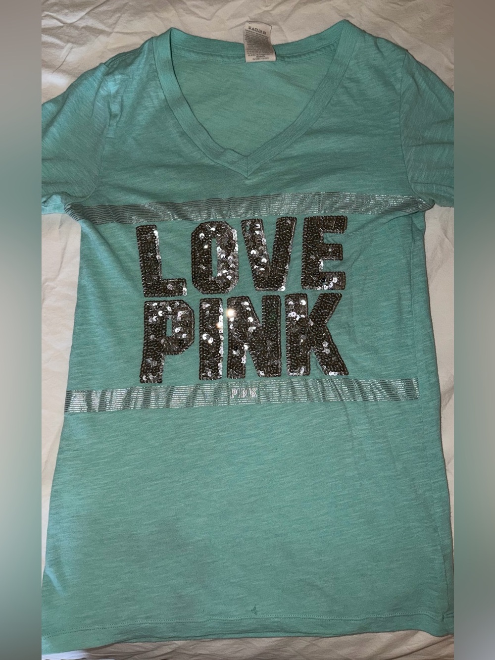 PINK Victoria's Secret Aqua Teal Sequin 'LOVE PINK' Tee